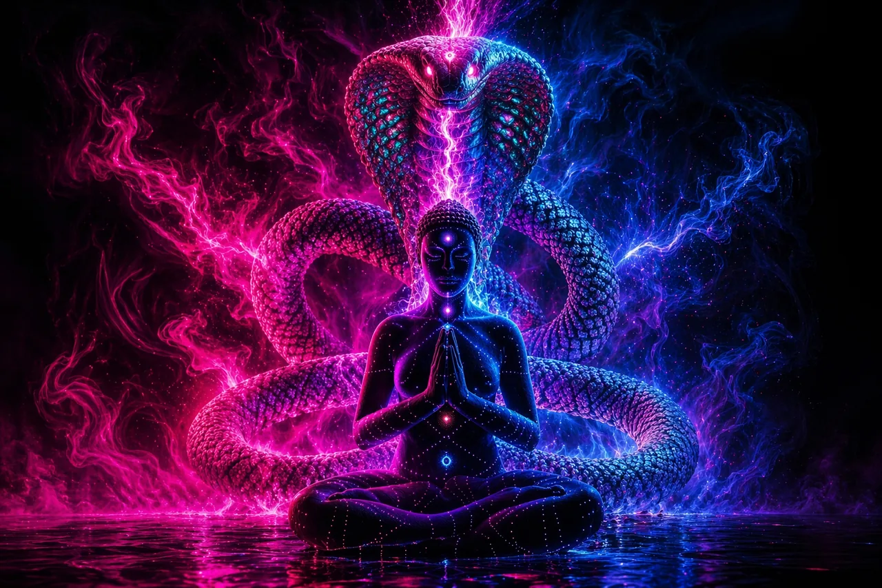 Persona meditando en posición de loto con una serpiente cobra de energía rosa y azul ascendiendo por su columna, representando el despertar de Kundalini