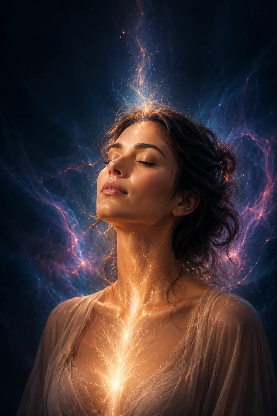 Mujer con los ojos cerrados y expresión de calma, con una luz cálida ascendiendo desde su pecho, representando el alivio y la reconexión con su energía