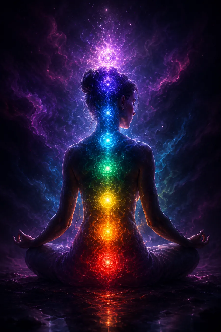 Persona meditando de espaldas, con los 7 chakras iluminados en distintos colores ascendiendo a lo largo de la columna