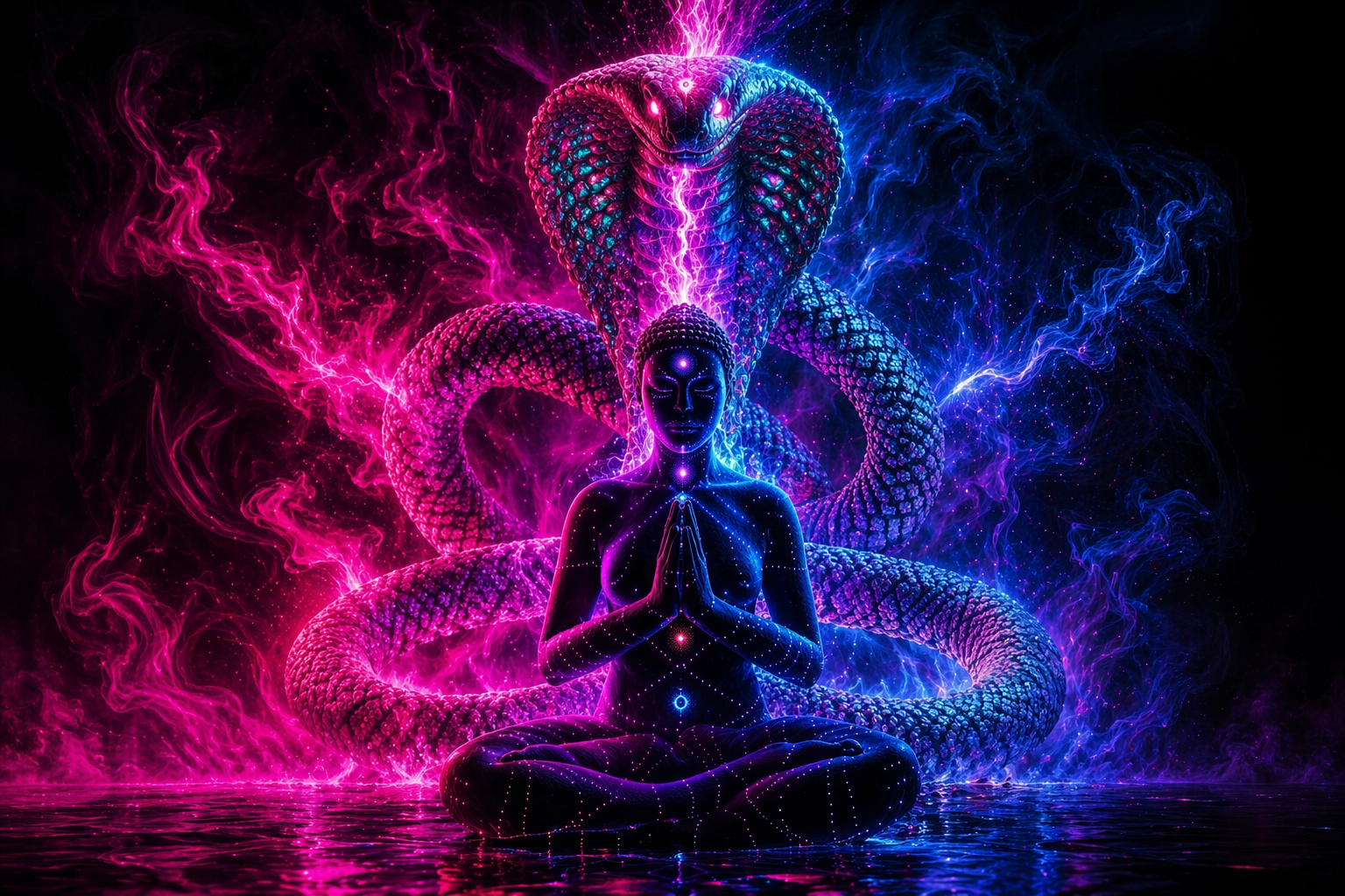 Persona meditando con la serpiente Kundalini de energía brillante ascendiendo por la columna